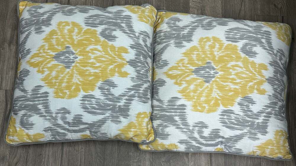 Yellow and Gray Damask Print Decorative Throw Pillows Set of 2